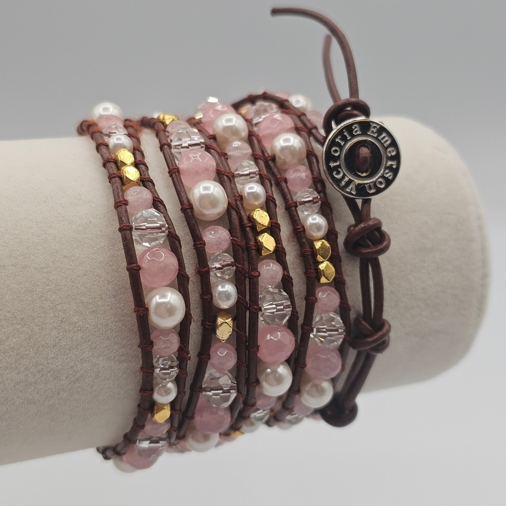 Victoria Emerson Wrap Bracelet Women Rose Quartz Pink Leather Boho 33-35"